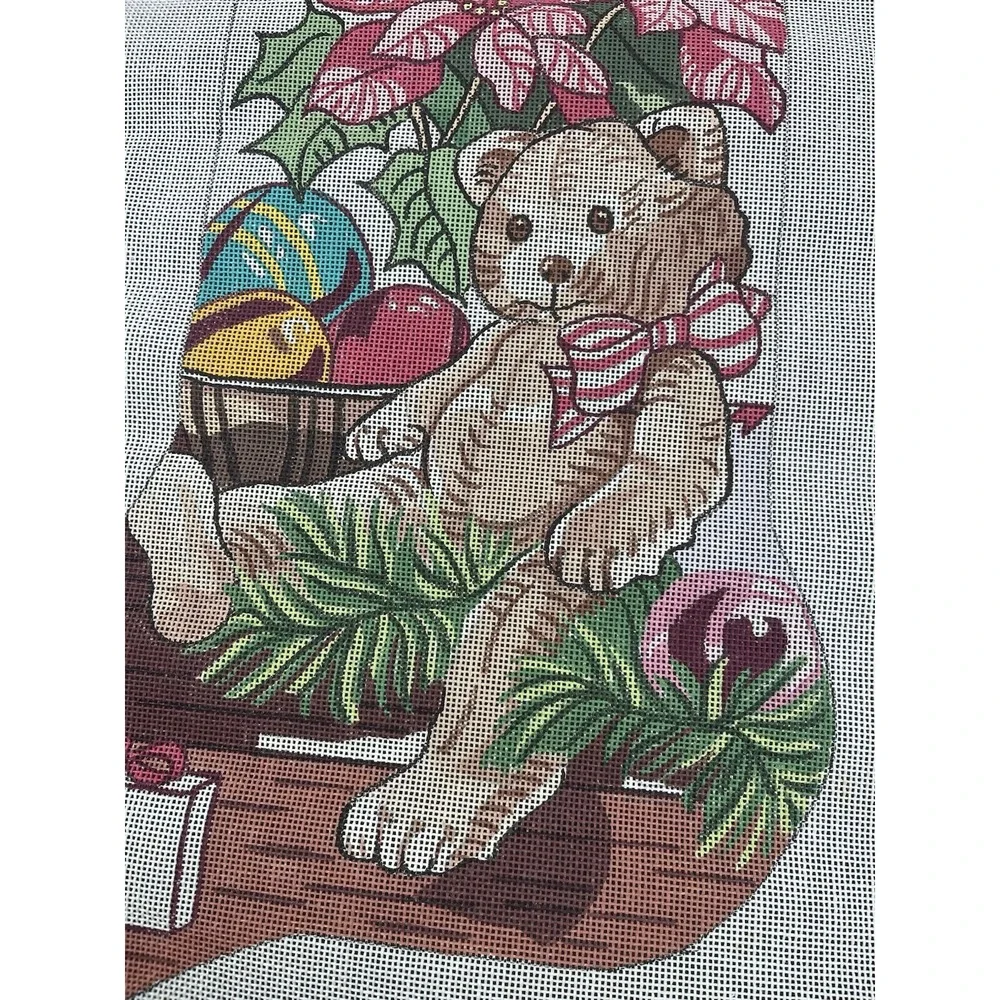 Ellie Hand Painted Needlepoint Canvas * Christmas Stocking Poinsettia Bear Plush